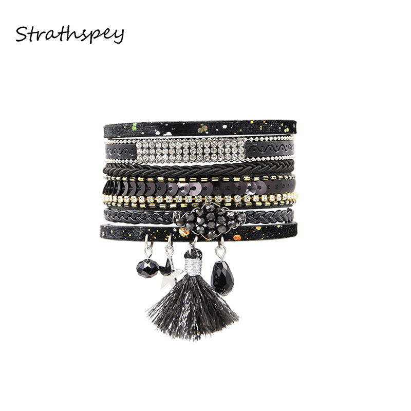 

STRATHSPEY Crystal Beads Bracelet For Women Multi-layer Leather Rhinestone Alloy Accessories Magnet Clasp Bracelete Feminino