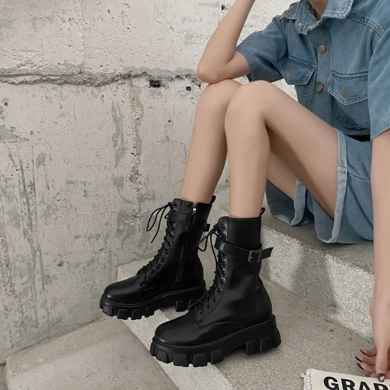 

2020 Female Shoes Fashion Chunky Motorcycle Boots For Women Black Leather Ankle Boots Woman Cool Lace Up Shoes Dropshipping