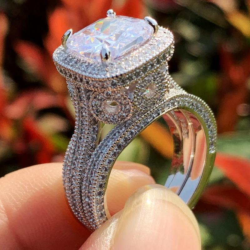 

Size 5-10 Vintage Fashion Jewelry 3PCS Ring set 925 Sterling Silver Cushion Shape White Clear 5A Cubic Zirconia Women Band Ring