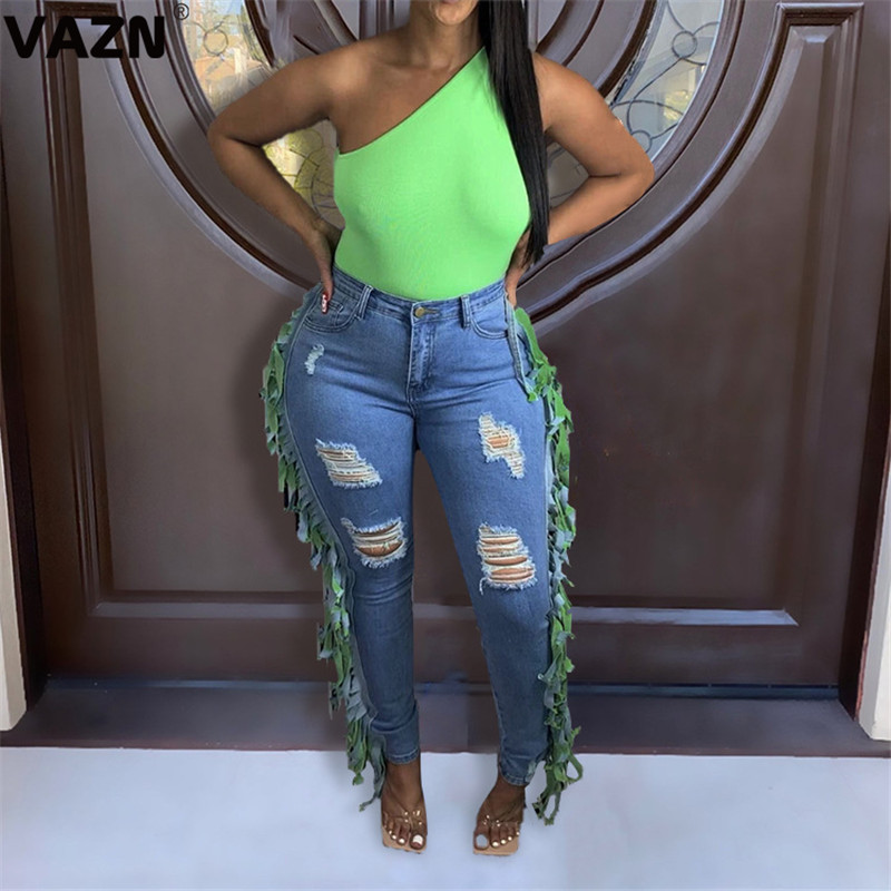 

VAZN 2020 New High-end Hollow Out Hole Top Solid Novelty Tassel Sexy Young Designer Long Pencil Denim Pants, Light blue