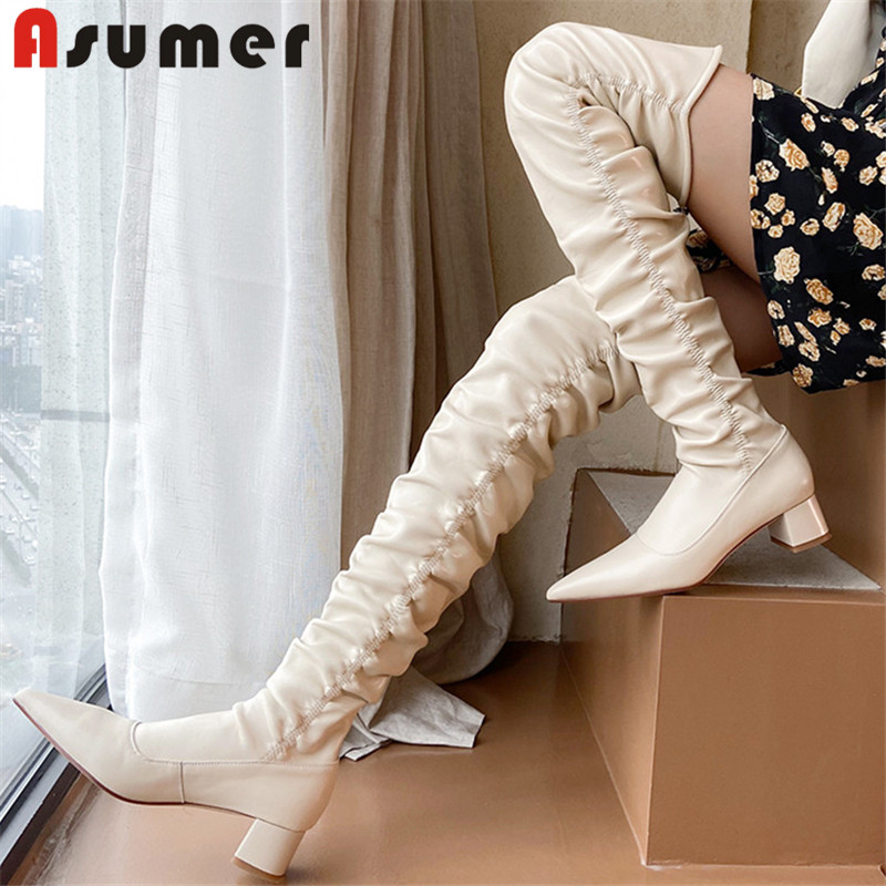 

Asumer hot sale over the knee boots women pointed toe pleated sexy square heel autumn winter party prom Night Club Shoes woman, Beige