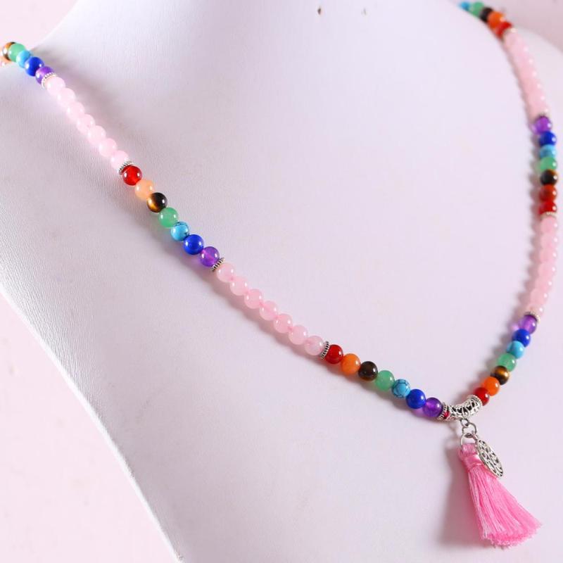 

Women Long Necklace Bracelet Natural Mala Gem Stone Round Bead Tassel 7 Chakra Pink Crystal Reiki Boho Necklace 27" 1Pcs H074