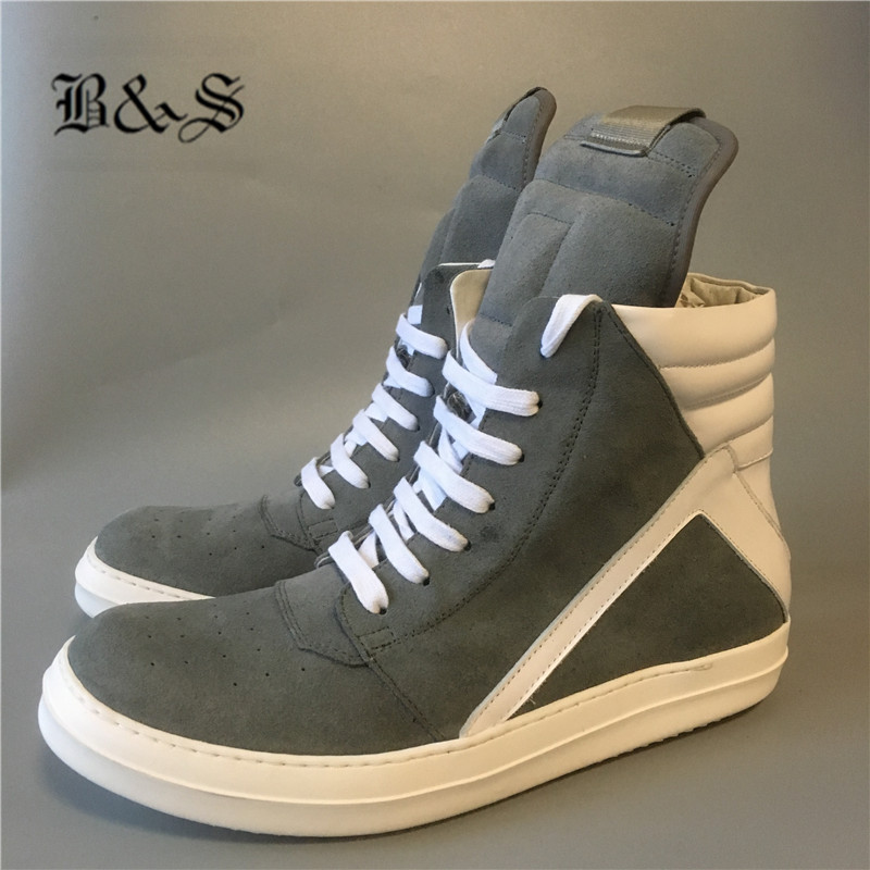 

Black& Street Men High-TOP Ankle Boots Genuine Leather Luxury Gray Color Trainers Boots Casual Lace-up Cow Leather Hip-Hop