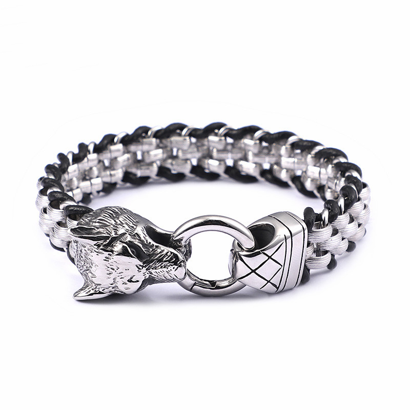 

316 Stainless Steel Link Chain Animal Wolf Head Bracelets For Men 21.5cm Chain & Leather Wolf Head Bracelets Rock Jewelry