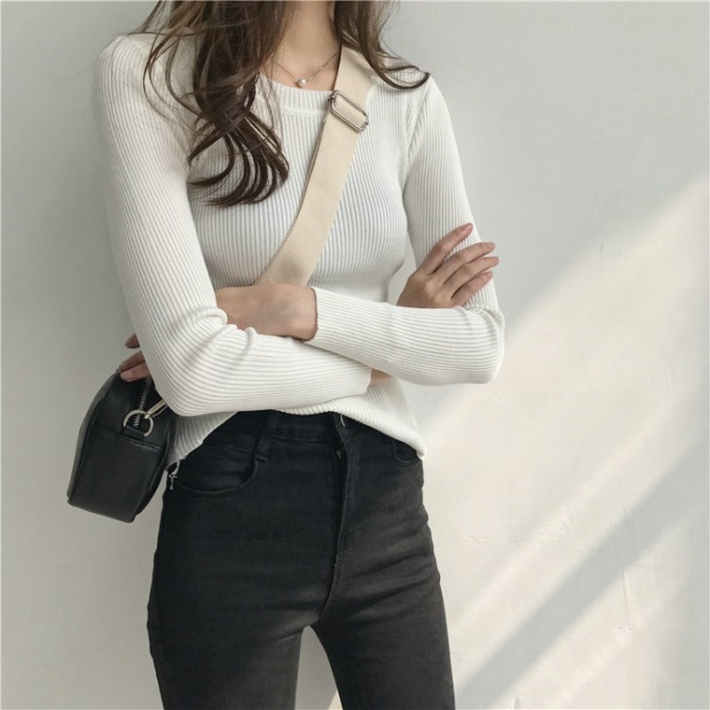 

Autumn new pink knitted sweater wild slim round neck striped long-sleeved pullover bottoming top retro thin women's pullover