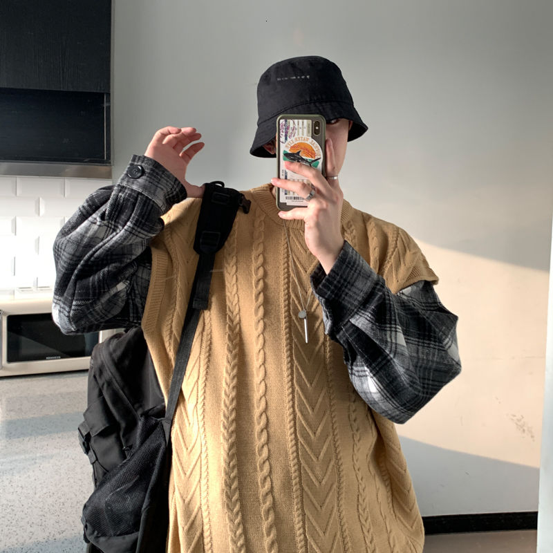 

2020 Men's Stitching Cloth Two-piece Coats Long Sleeve Woollen Sweaters Loose Cashmere Pullover Round Neck Knitting Size -2XL, Black