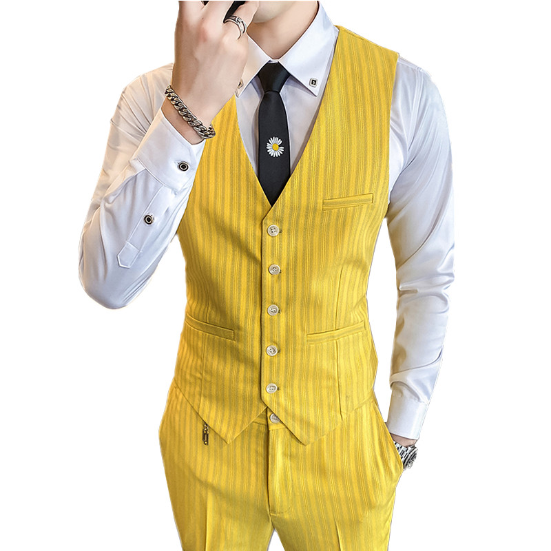 

High quality mens suit pants and vest 2-piece set Spring and autumn men striped trousers vests yellow pink beige S-XXXL