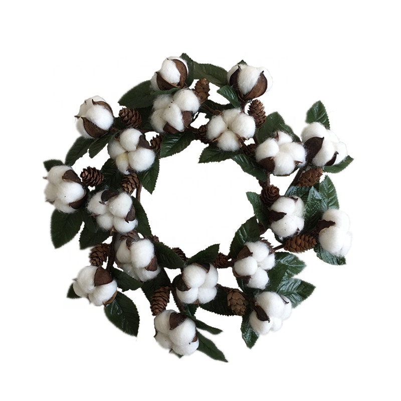 

12 Inch Artificial Silk Leaves Natural Cotton Boll Pinecone Wreath Christmas Wreathes Decorations for Home, Green