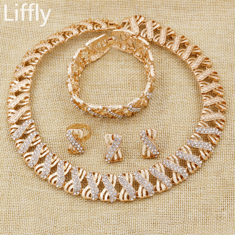 

Liffly African Jewelry Set Bridal Wedding Nigerian Jewelry Sets for Women Dubai Gold Color Necklace Earrings Costume Jewellery, As pic