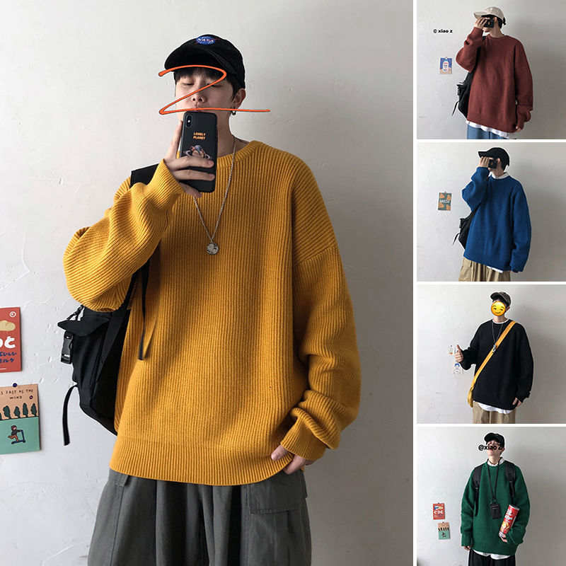 

Winter Sweater Men's Warm Fashion Solid Color Casual Knitted Pullover Men Clothes Streetwear Loose Korean Mens Knitting Sweaters, Black