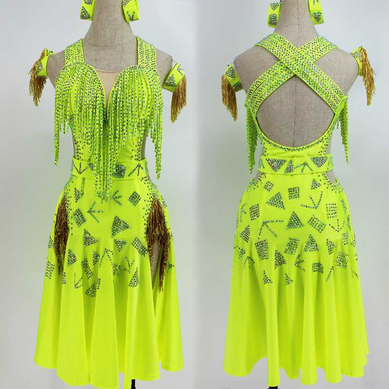 

Latin Dance Dress Competition Costume Sparkly Rhinestone Fringed Dress Women Latin Performance Women Custom Girls BL4513, Suit