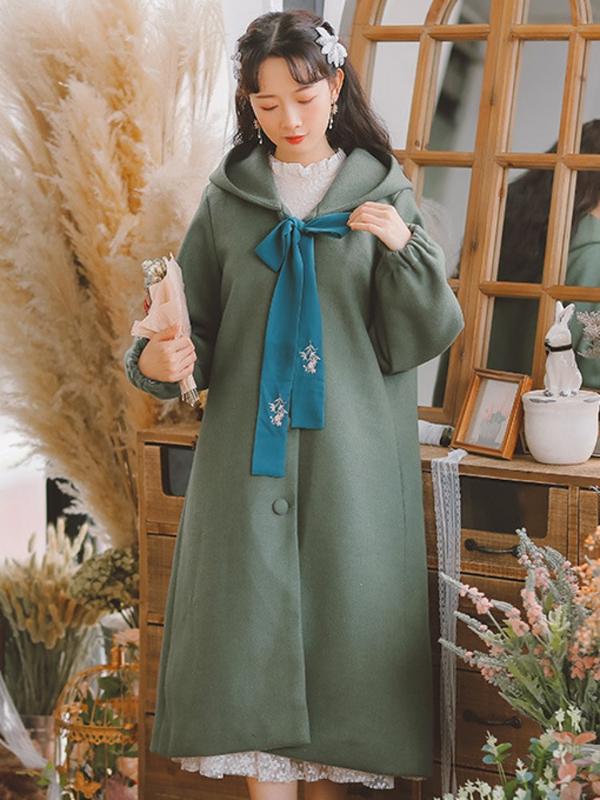 

Winter Keep Warm Woolen Coat Women Thick Plus Cotton Hooded Outerwear Harajuku Preppy Style Loose Bow Embroidery Woolen Overcoat, Green