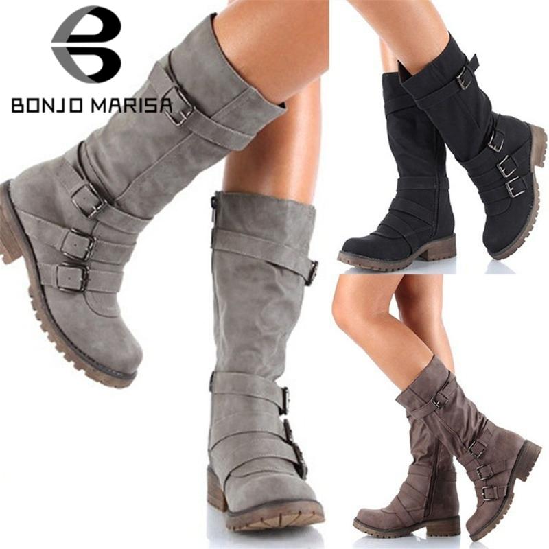 

BONJOMARISA Classic Ladies Autumn Pleated Platform Retro Heeled mid-calf Boots Women Low Chunky Heels Shoes Woman, Black