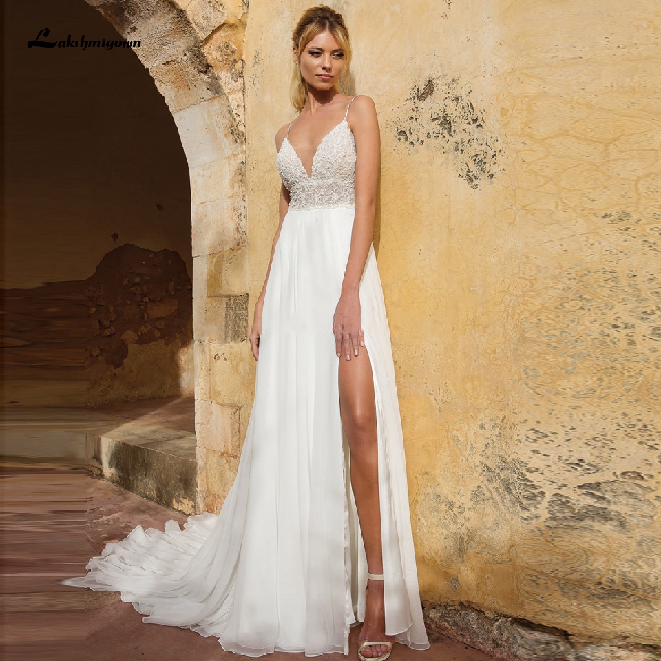 

Robe de Mariee Beach Wedding Dress Spaghetti Straps 2020 Lace Beaded Bodice Bridal Gowns High Split Boho Wedding Dresses, White