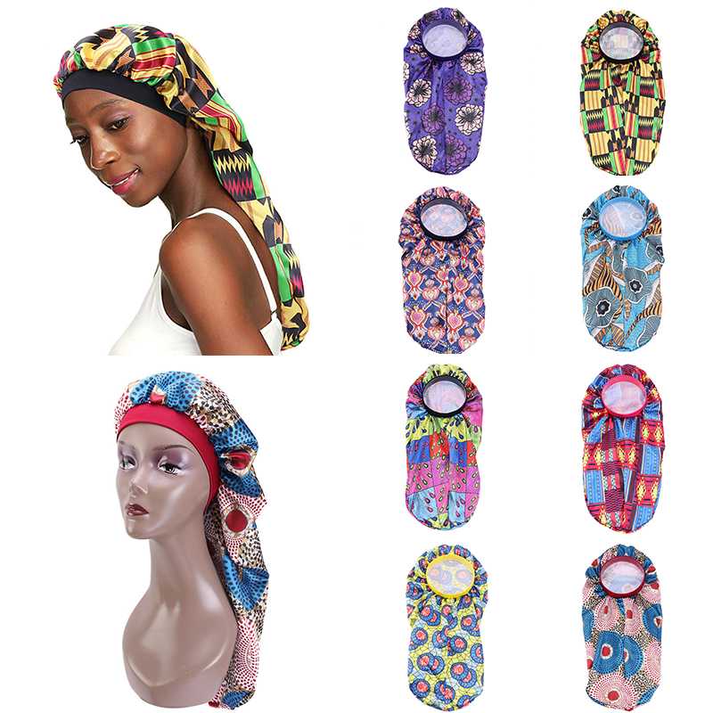 

1PC Fashion Long Satin Bonnet Sleep Cap with high elastic hair band Night Cap Hair Care Bonnet Nightcap for Women Men chemo, Dark yellow