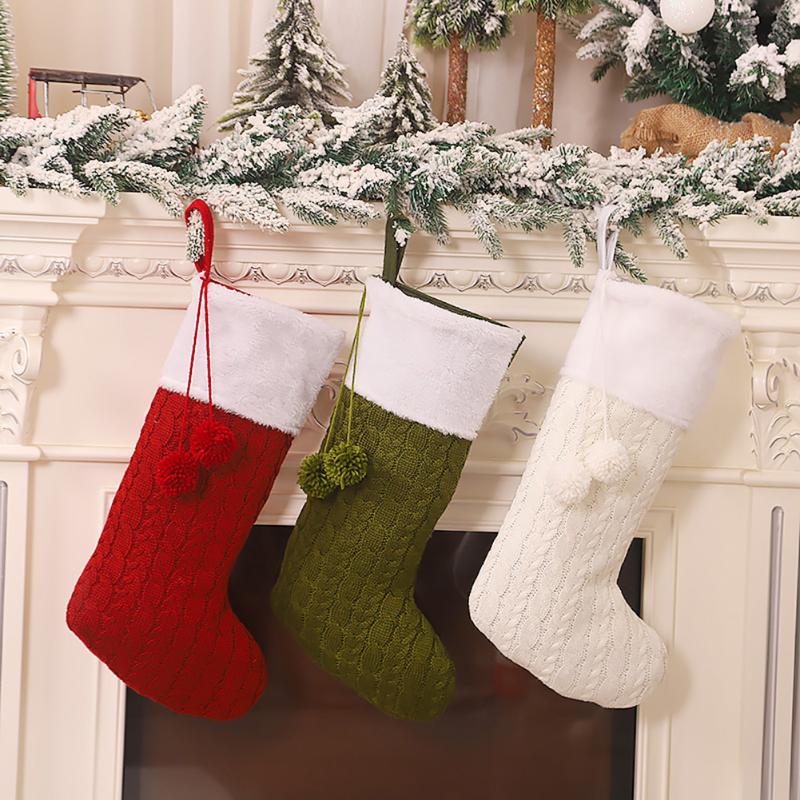 

Warm Knitted Christmas Stocking with Plush Ball Christmas Gift Bag New Year Socks Xmas Tree Hanging Ornaments Home Decoration