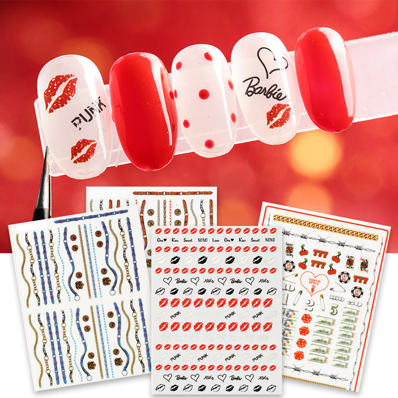

1 Sheet Smoke 3D Nail Art Transfer Stickers red lips colorful chain Nail Designs Adhesive Sticker Tattoo Slides Manicure Z083, Black