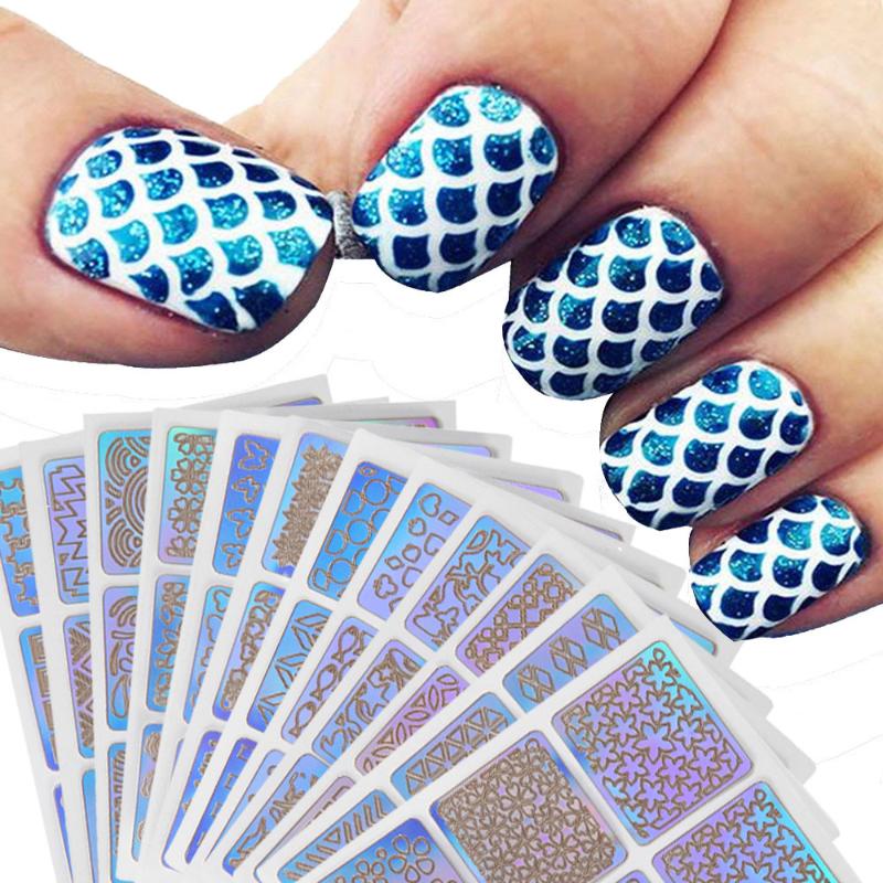 

12 Sheets New Nail Art Sticker Set Hollow Irregular Grid Stencil Reusable Manicure Stickers Stamping Template Nail Art Tools 101