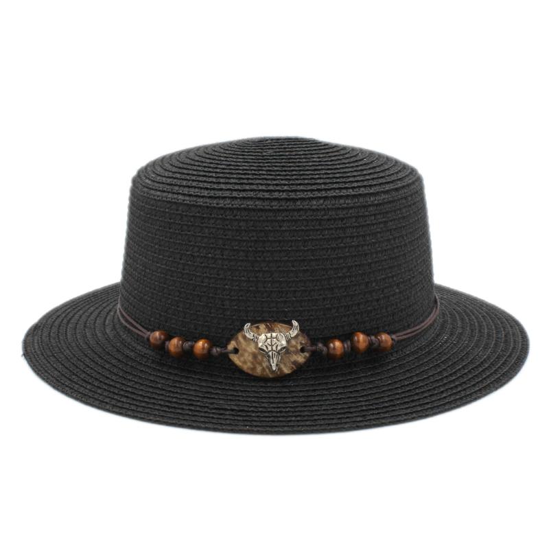 

Mistdawn Summer Straw Boater Hat Sailor Women Bowler Porkpie Beach Sun Top Cap Western Style Ox Head Band Size 57cm, Black
