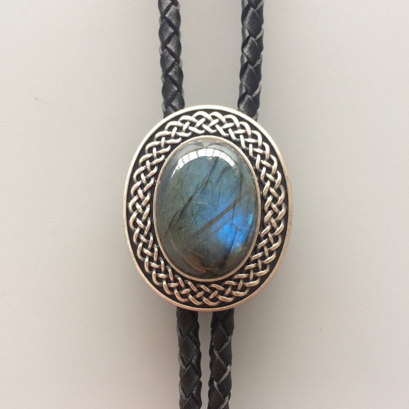 

New JEAN'S FRIEND Vintage Silver Plated Handcraft Nature Blue Labradorite Stone Western Oval Bolo Tie Each Stone is Unique