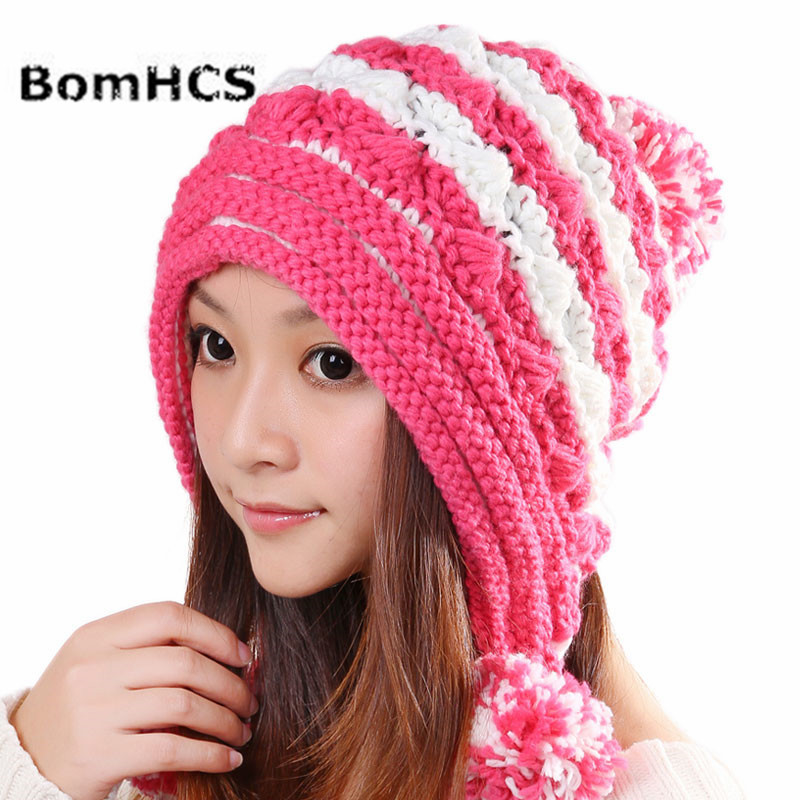 

BomHCS Mosaic Double Colors Knitting Hat Winter Warm Ear Muff Women Lovely Beanie With Pom, Red