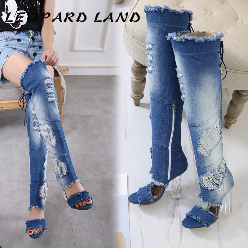 

LEOPARD LAND 2020 Summer New Over-the-knee Women's Shoes Sexy Thick Heel Frayed Denim Tassel High Heel Women's Sandals CWF, Blue