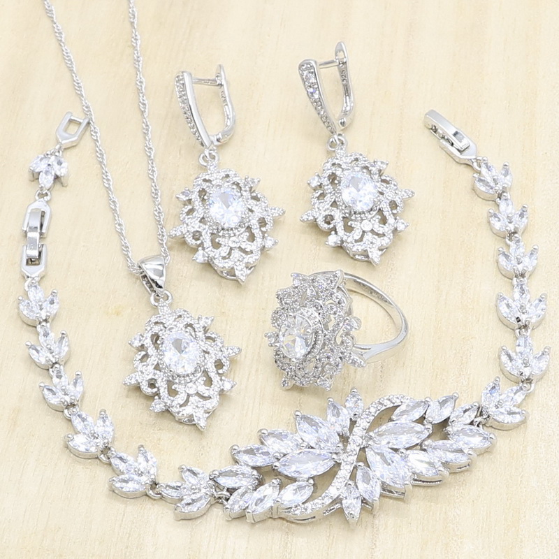 

Classic Silver Color Jewelry Sets for Women White Zircon Earrings Pendant Necklace Ring Bracelet Birthday Gift, As pic