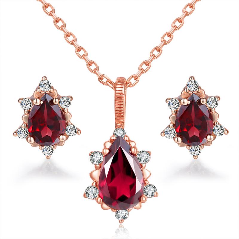 

Korean Cute Earrings Necklace Jewellry Red Teardrop Zircon Rose Gold Color Jewelry Set For Women Wedding Wholesale S532, As pic