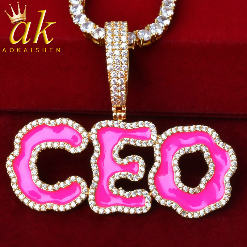 

Pink Oil Custom Name Tennis Chain Necklace For Women Solid Back Hip Hop Jewelry