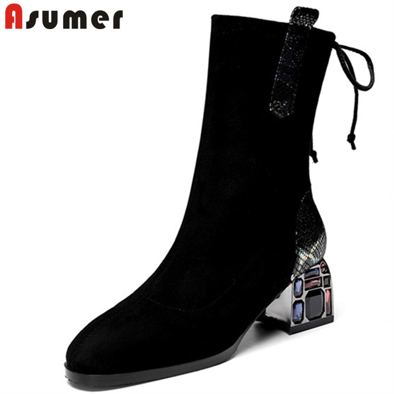 

ASUMER 2020 new arrival flock elastic force ankle boots women crystal lace up square heels casual shoes woman winter snow boots, Black