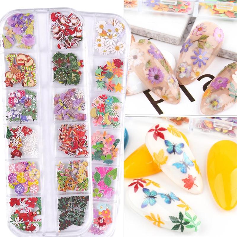 

1 Box 3D DIY Mixed Butterfly Colorful Flowers Nail Art Tips Sequins Halloween Christmas Wood Pulp Nail Flake Manicure Decoration