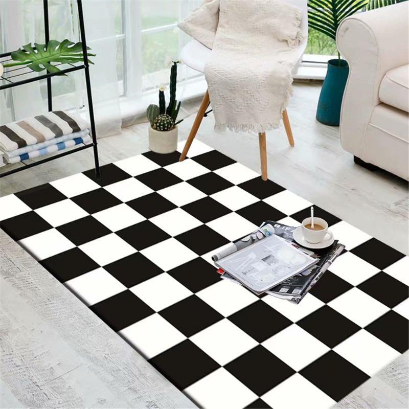 

Fashion Geometric Carpet Soft Flannel Bedroom Bedside Kitchen Mat Home Decor Black and White Plaid Large Living Room Area Rug, No-07