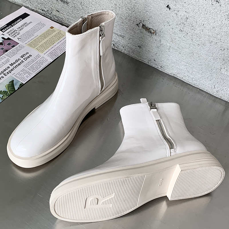 

2020 Winter Women Round Toe Ankle Boots Zippers Beige Boots Soft Leather Or Patent Leather Black Short Ladies Party Shoes, Black soft leather