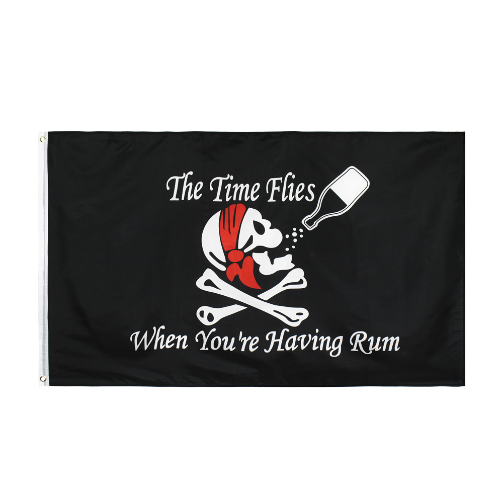 

Hotsale 3x5 fts 90x150cm Direct Factory Stock SKULL JOLLY ROGER FLAG THE TIME FLIES WHEN YOUR HAVEING RUM PIRATE CROSSBONES