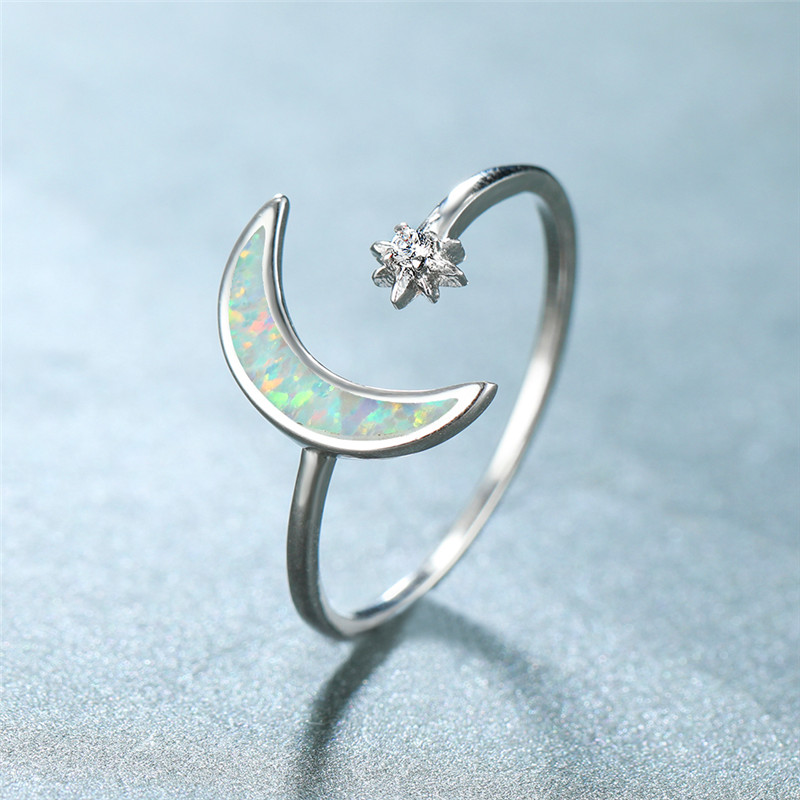 

Boho Female Blue White Opal Stone Ring Charm Silver Color Wedding Rings For Women Cute Bridal Moon Star Engagement Ring