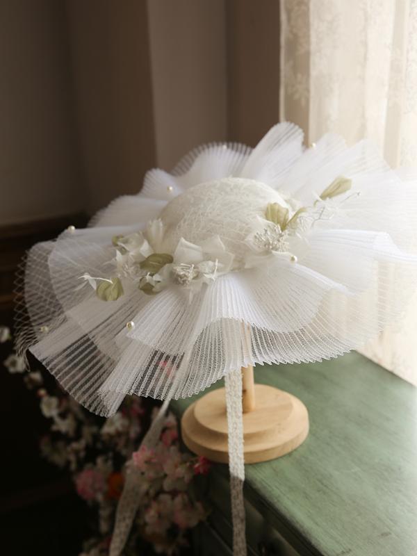 

Multi-layers Mesh Floppy Fedora Hat Pearl Flower Wedding Hat Large Brim Gauze Lace Spring Summer Bride Hair Accessories, As photo