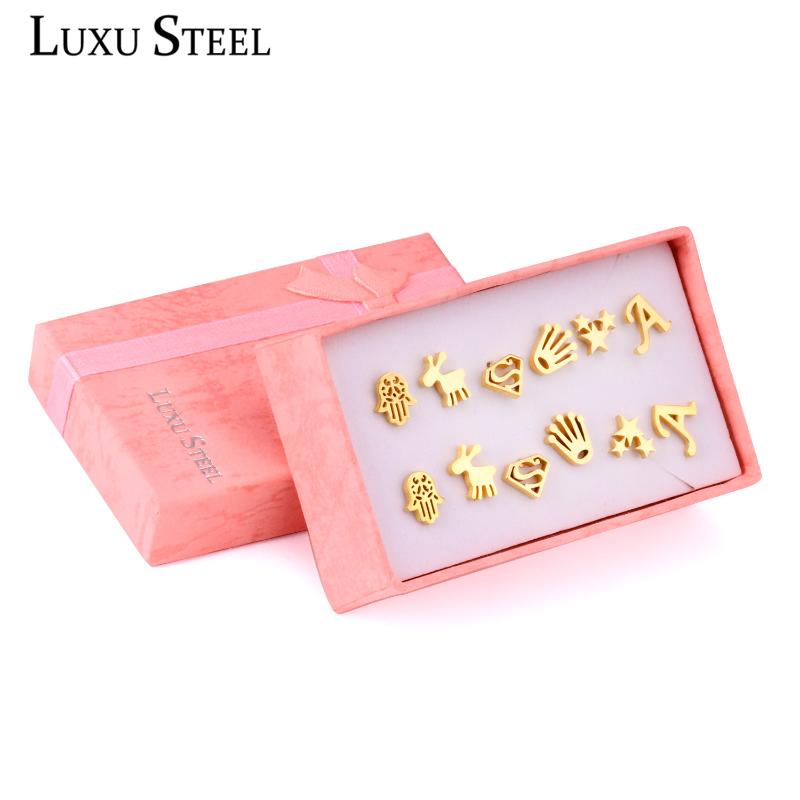 

LUXUSTEEL Earring Sets 6 Pairs Gold Color Letter/Star/Hand/Animals Shape Stud Earring Sets For Women/Girl Wholesale Female