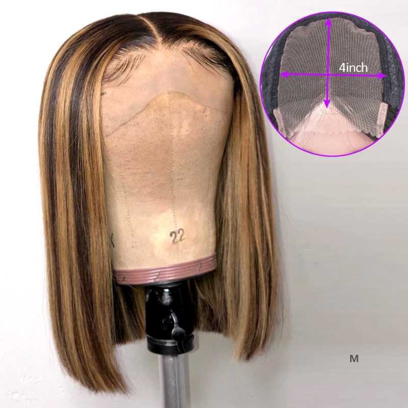 

150% Ombre Highlight Wig Color 4x4 Straight Bob Wig Lace Closure Human Hair Wigs For Women Medium Ratio Brazilian Remy Hair, 2x6 lace closure