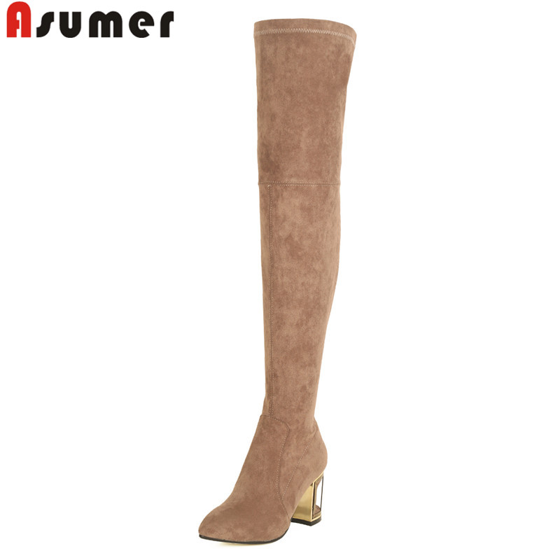 

ASUMER big size 33-43 fashion autumn winter shoes woman pointed toe over the knee boots suede leather high heels boots, Yellow with fur