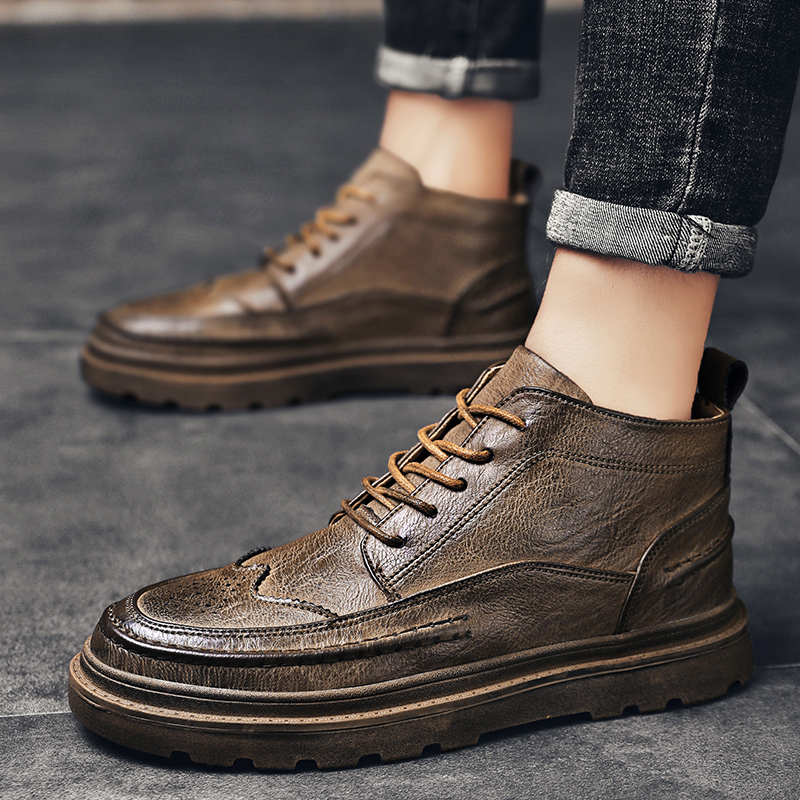 

Autumn Men ankle boots outdoor fashion Luxury High Quality lace up high top rubber cowboy boots men brogue Men's o4, Black