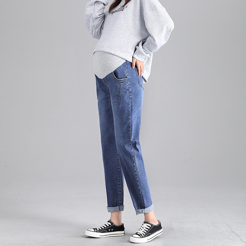 

Mom Jeans For Women Denim Women`s Clothing Straight Solid Color High Waist Pregnant Pants Plus Size Maternity Clothes 0317, Blue