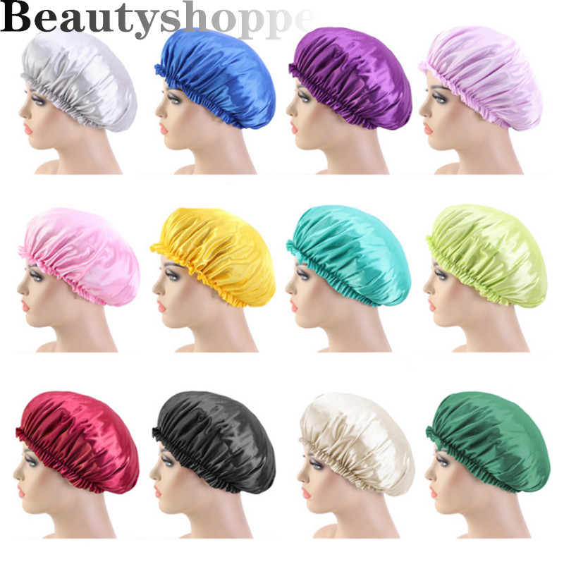 

Women Sleep Cap Pure Color Elastic Bonnet Beanie Headwear Soft Stain Silk Chemo Cap Hair Loss Headwrap Bandanas Muslim, Black