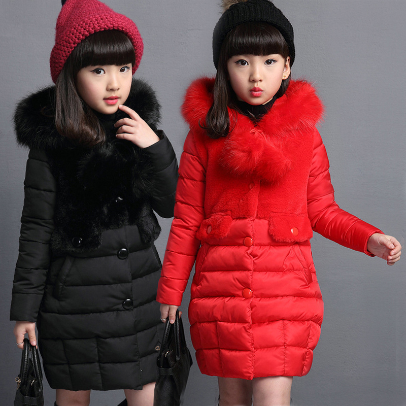 

3-12 years old baby girl coat new girl clothes winter cotton coat thick warm warm down jacket long fur collar hooded jacket, Black