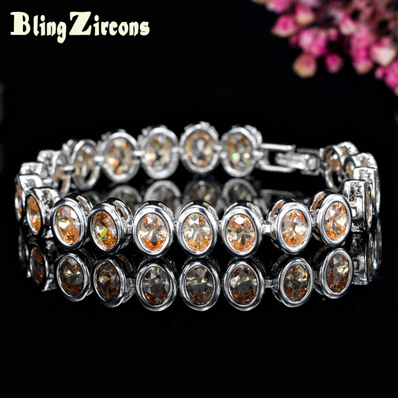 

BeaQueen Trendy Big Oval Round Champagne Cubic Zirconia Crystal Women Bracelets Silver Color Wedding Jewelry for Gift B017
