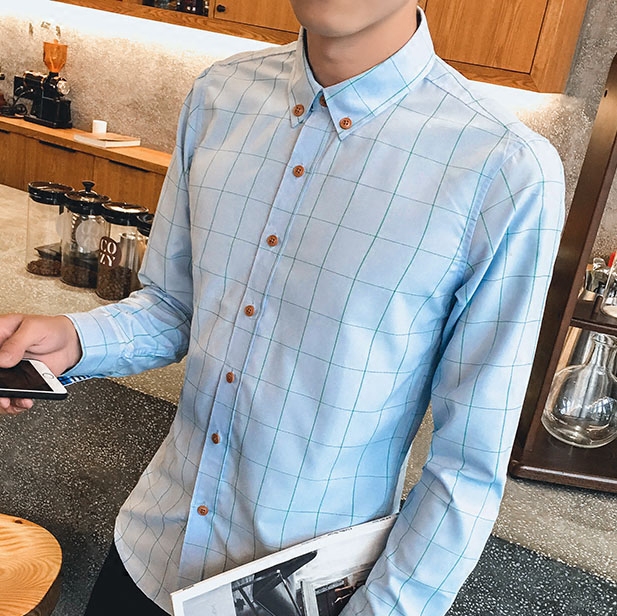 

Shirt Men Long Sleeve Slimming Fashion Handsome Chequered Leisure Shirt Short Sleeve Summer Shirt Ins Home, Sky blue