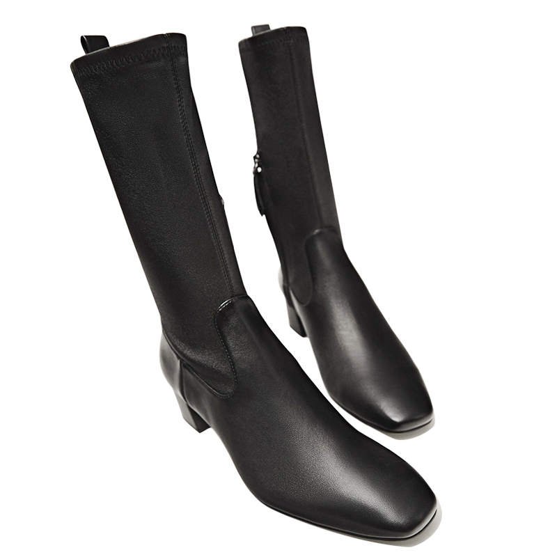 

2020 new western youth style mid-tube fashion boots 100% leather 4.5cm black high-heeled boots with side zipper