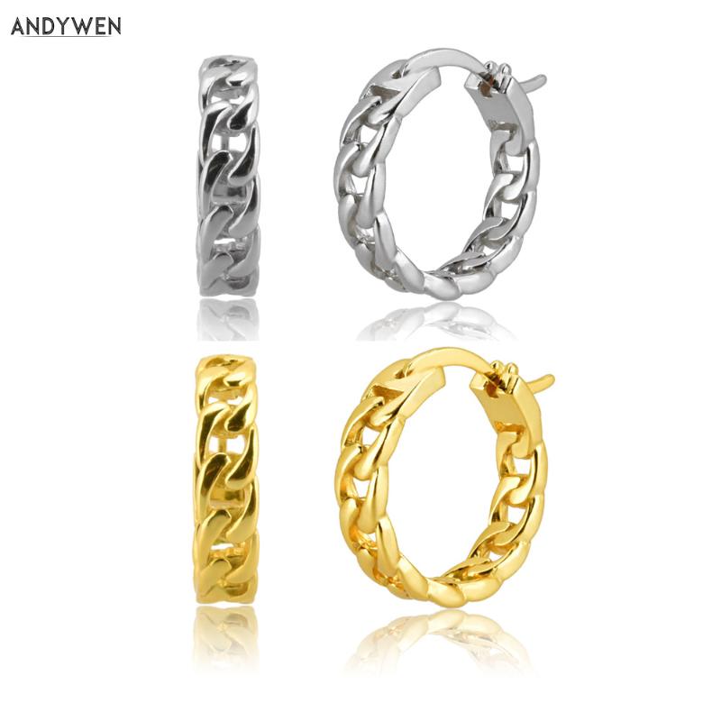 

ANDYWEN 100% 925 Sterling Silver Gold Large 14mm Locker Chain Hoops Circle Pendiente Earring 2020 Piercing Round LuxuryJewelry