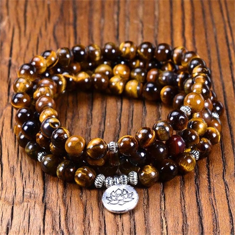 

108Mala Tiger Eyes Wrap Bracelet 8MM Natural Stone beads Lotus OM Buddha Charm Bracelet & Necklace Dropshipping
