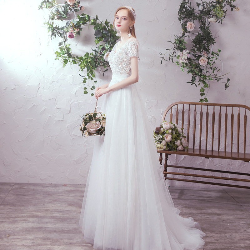 

Wedding Dress 2020 New Bride Simple Atmosphere Mori Super Fairy Travel Shoot Small Tailing Go Out Gauze Dress, Floor length