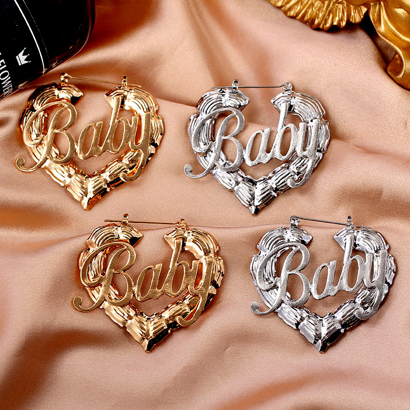 

JUST FEEL Punk Style Hollow Heart Shaped Hoop Earrings for Women Gold Silver Color Baby Letter Earrings Fashion Jewelry Gift